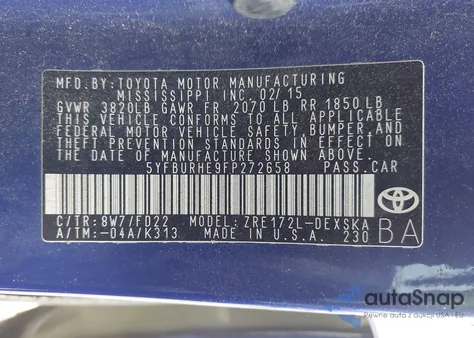 2015 Toyota Corolla S Plus из США, поврежденный, VIN 5YFBURHE9FP272658